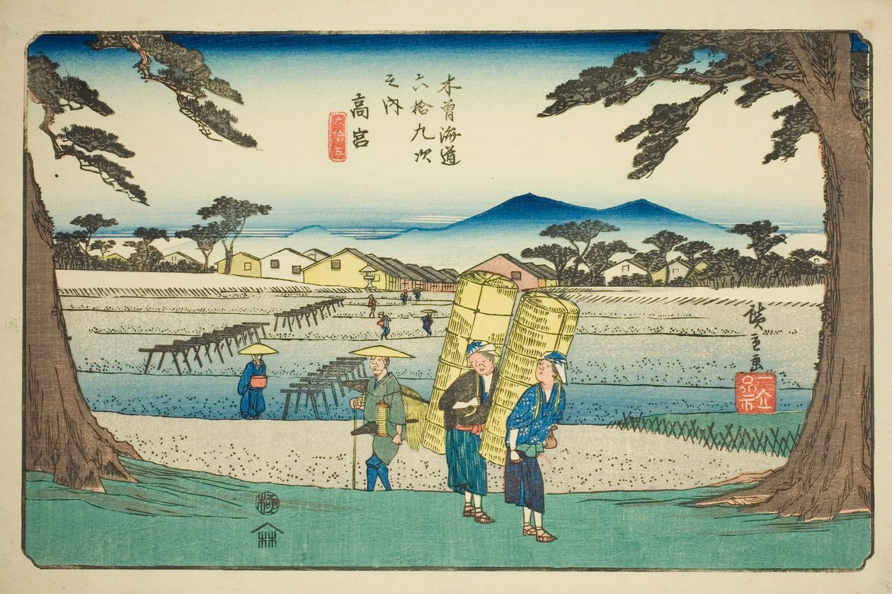 Nr. 65: Takamiya, uit de serie "Negenenzestig stations van de Kisokaido (Kisokaido rokujukyu tsugi no uchi)" door Utagawa Hiroshige