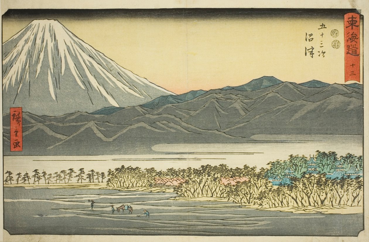 Numazu—Nr. 13, uit de serie "Drieënvijftig stations van de Tokaido (Tokaido gojusan tsugi)," ook bekend als de Reisho Tokaido door Utagawa Hiroshige
