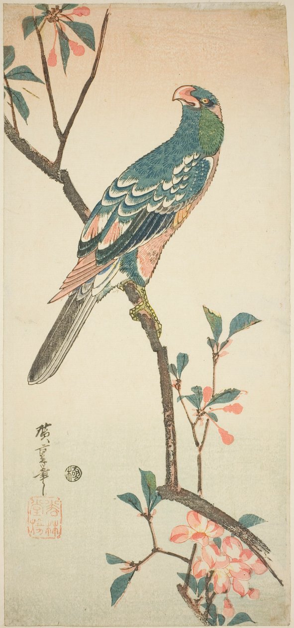 Papegaai op een bloeiende tak door Utagawa Hiroshige