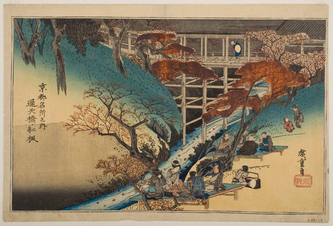 Rode esdoorns bij de Tsūten-brug, uit de serie „Beroemde plekken in Kyōto“ door Utagawa Hiroshige