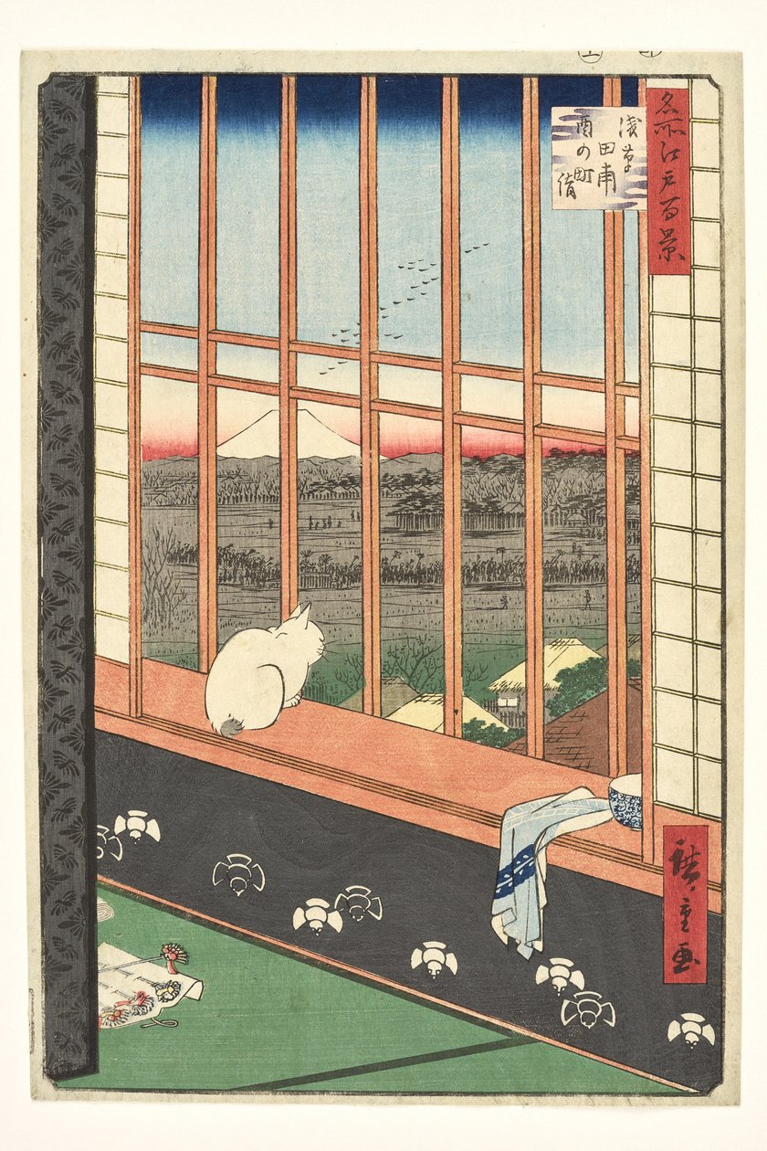 Rijstvelden in Asakusa en het Torinomachi-feest uit de serie „100 beroemde gezichten op Edo“ door Utagawa Hiroshige