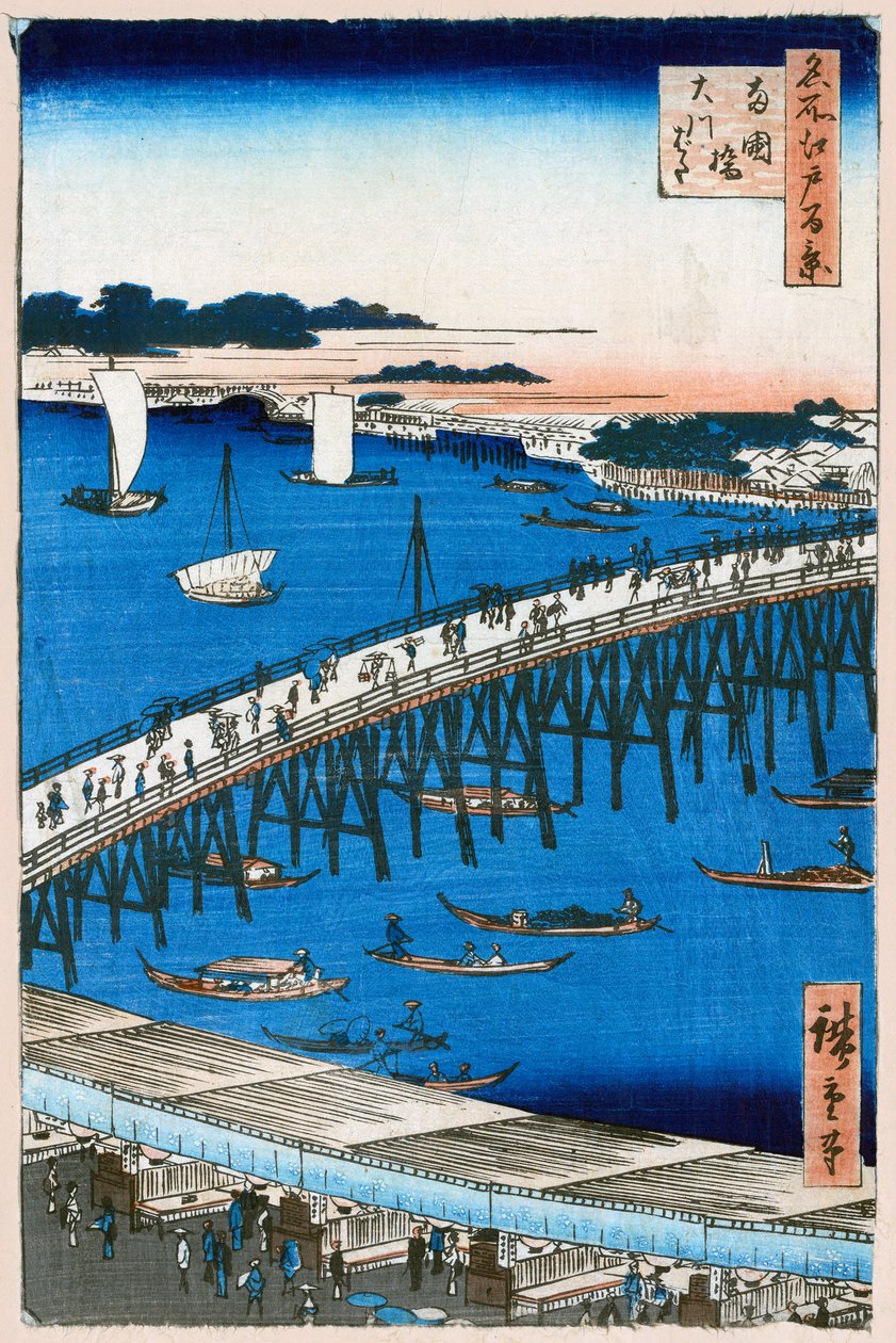 Rivierbank bij de Ryogoku-brug, Honderd beroemde uitzichten van Edo, 1856-1858 door Utagawa Hiroshige