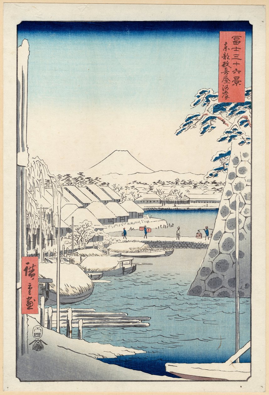 Oever van de rivier bij Sukiya in Edo (Tōto Sukiya-gashi), uit de serie Zesendertig gezichten op de berg Fuji door Utagawa Hiroshige