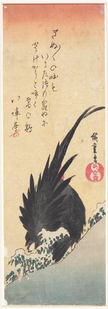 Haan op een besneeuwde heuvel door Utagawa Hiroshige