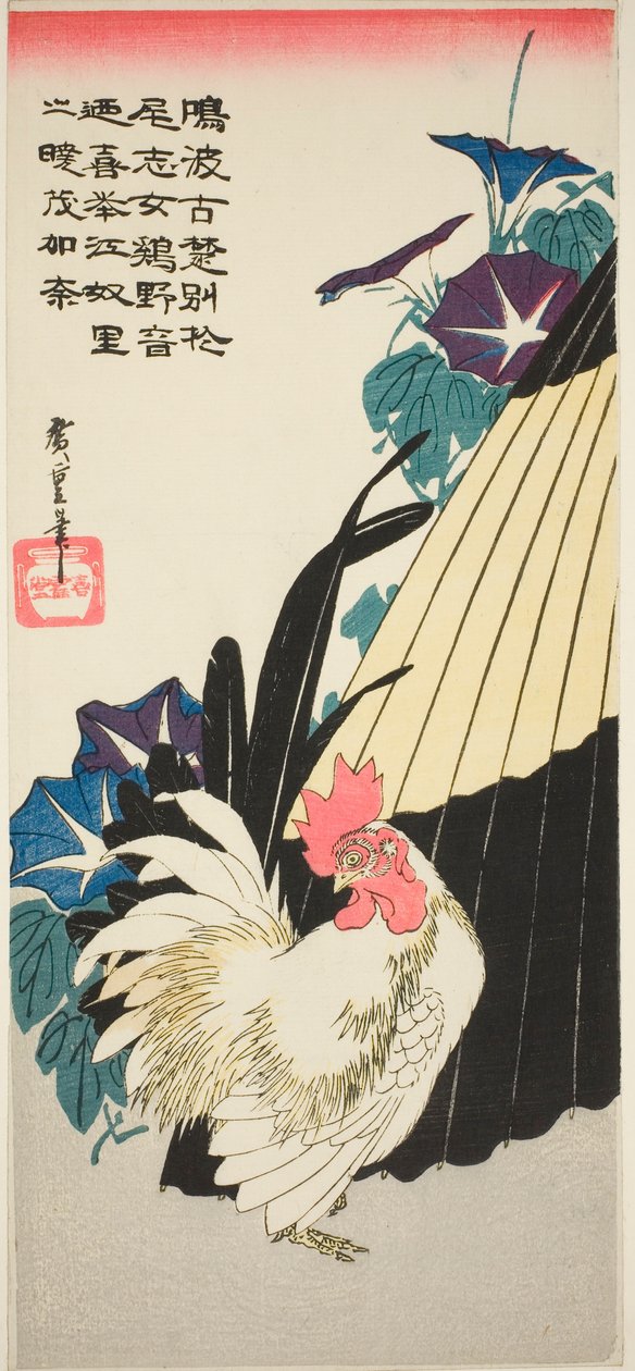 Haan, Paraplu en Morgenroosjes door Utagawa Hiroshige
