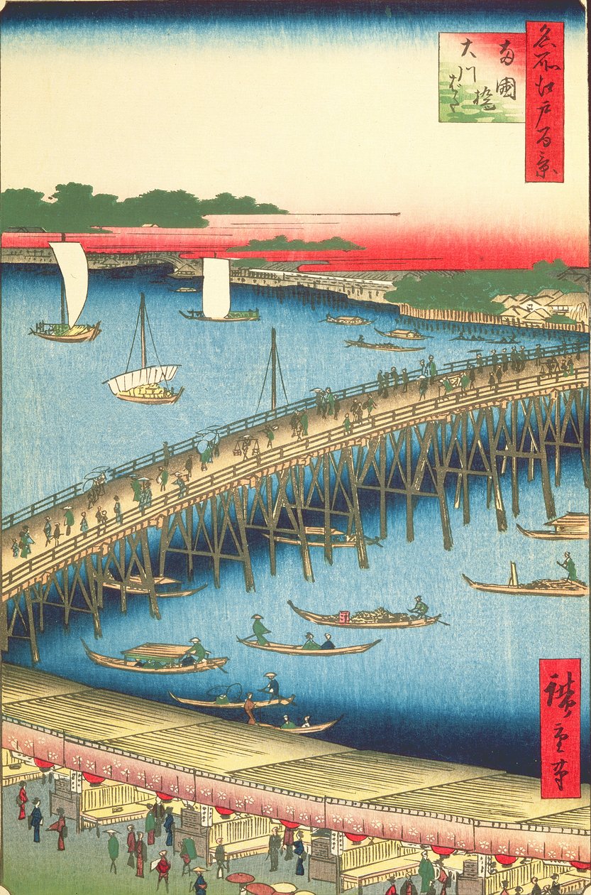 Ryogoku-brug en de Grote Rivieroever, nr. 59 uit Honderd beroemde Zichten van Edo, 1856 door Utagawa Hiroshige