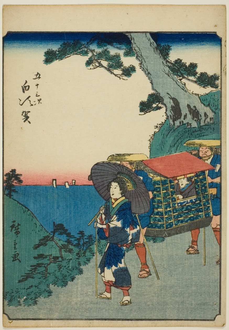 Shirasuka, uit de serie "Drieënvijftig stations [van de Tokaido] (Gojusan tsugi)," ook bekend als de Figure Tokaido (Jinbutsu Tokaido) door Utagawa Hiroshige