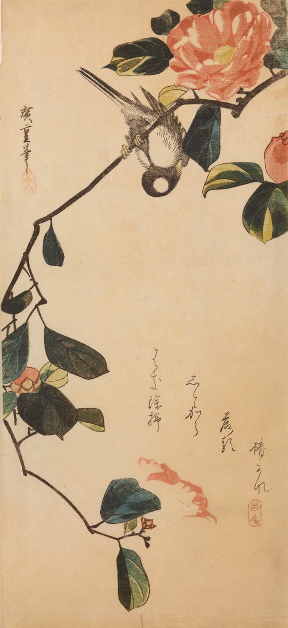 Een mees op een takje van een bloeiende camelia / Tsubaki-ni shijukara door Utagawa Hiroshige