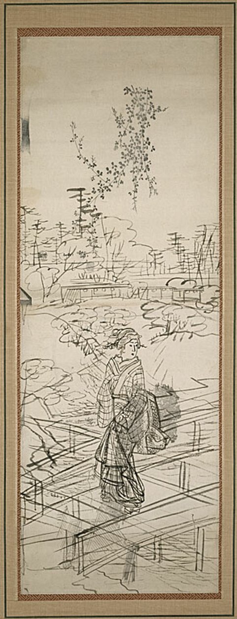 Schets van vrouw die brug oversteekt door Utagawa Hiroshige