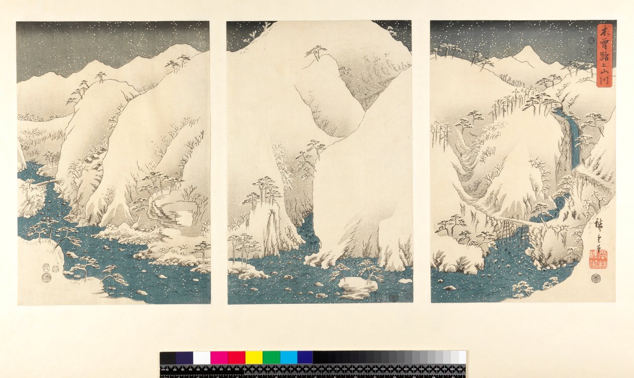 Sneeuwstorm in de bergen en rivieren van Kiso door Utagawa Hiroshige