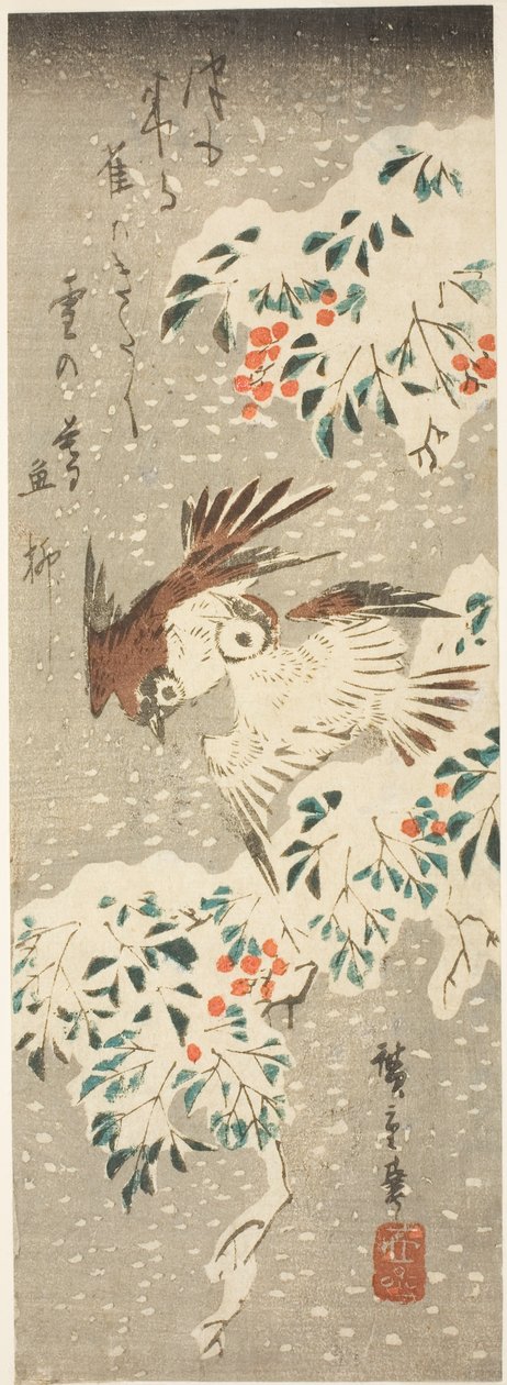 Mussen fladderen rond met sneeuw bedekte Nandina terwijl er meer sneeuw valt door Utagawa Hiroshige