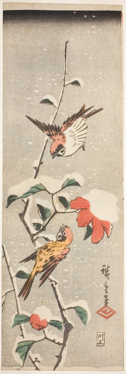 Mussen en Camelia in de Sneeuw door Utagawa Hiroshige