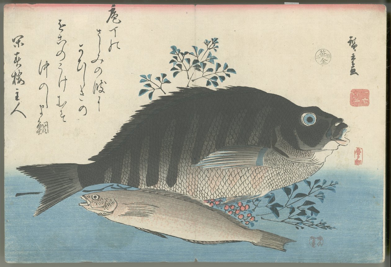 Gestreepte zeebrasem, rotsforel en nandina door Utagawa Hiroshige