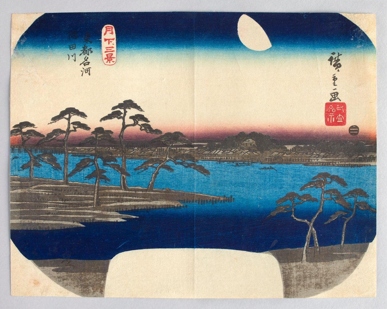 De Sumida-rivier, een beroemde rivier van de oostelijke hoofdstad, uit de serie „Drie uitzichten bij maanlicht“ door Utagawa Hiroshige