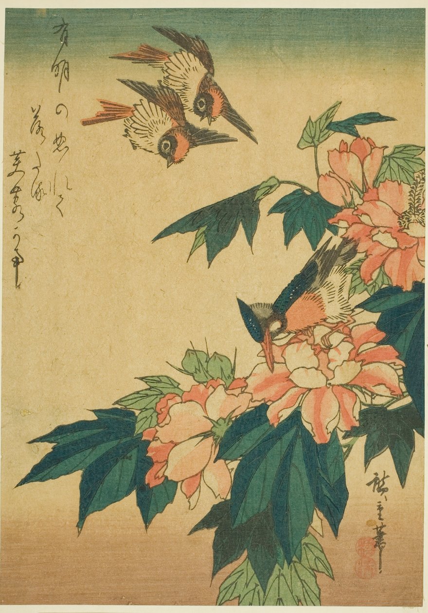 Zwaluwen, ijsvogel en hibiscus door Utagawa Hiroshige