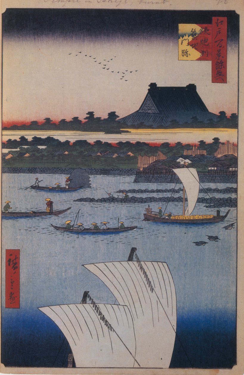 Teppozu en Tsukiji Monzeki Tempel Honderd Beroemde Zichten van Edo door Utagawa Hiroshige
