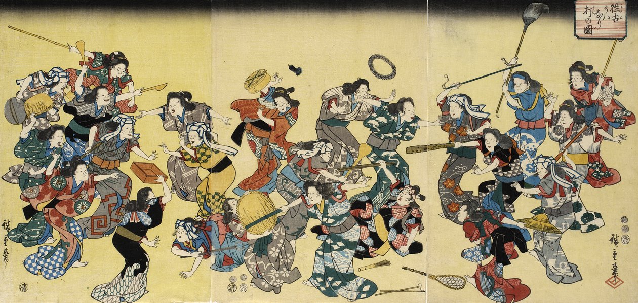De oude gewoonte om de bijvrouw aan te vallen door Utagawa Hiroshige