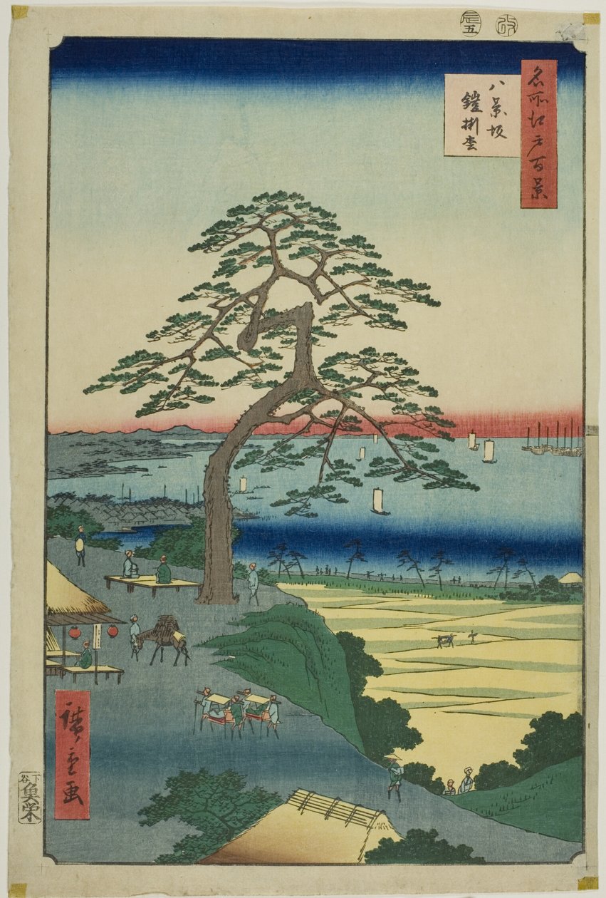 De Pantser-hangende den bij Hakkeizaka (Hakkeizaka Yoroikakematsu), uit de serie "Honderd beroemde vergezichten van Edo (Meisho Edo hyakkei)". door Utagawa Hiroshige