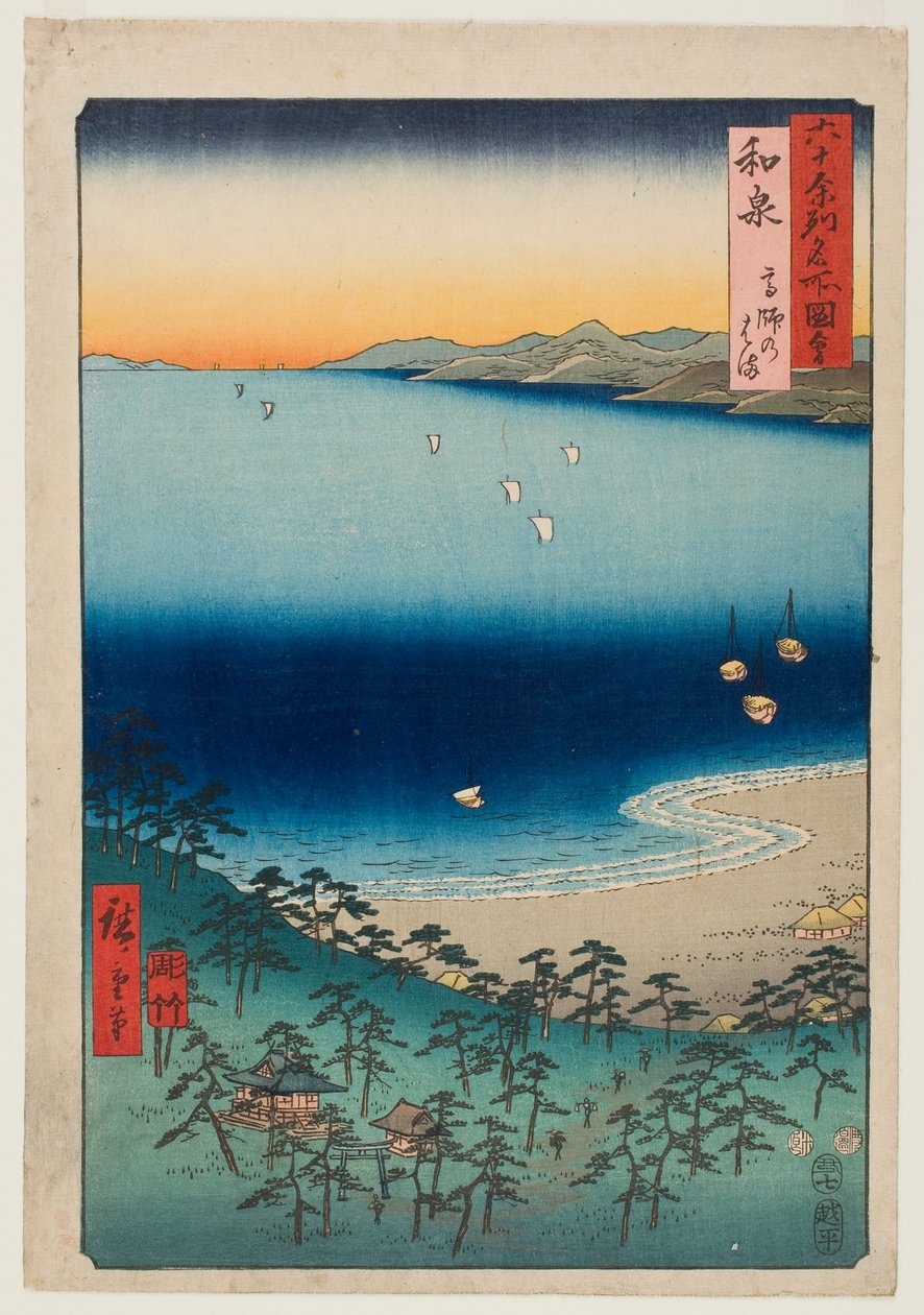 Het strand bij Takashi in de provincie Izumi, uit de serie „Beroemde plaatsen in de zo’n zestig provincies“ door Utagawa Hiroshige