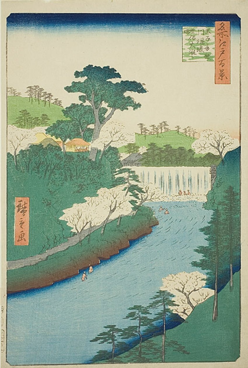De dam in de Otonashi-rivier bij Oji, gewoonlijk "De grote waterval" genoemd (Oji Otonashigawa entai, sezoku Otaki to tonau), nr.19 uit de serie "Honderd beroemde vergezichten van Edo (Meisho Edo hyakkei)". door Utagawa Hiroshige