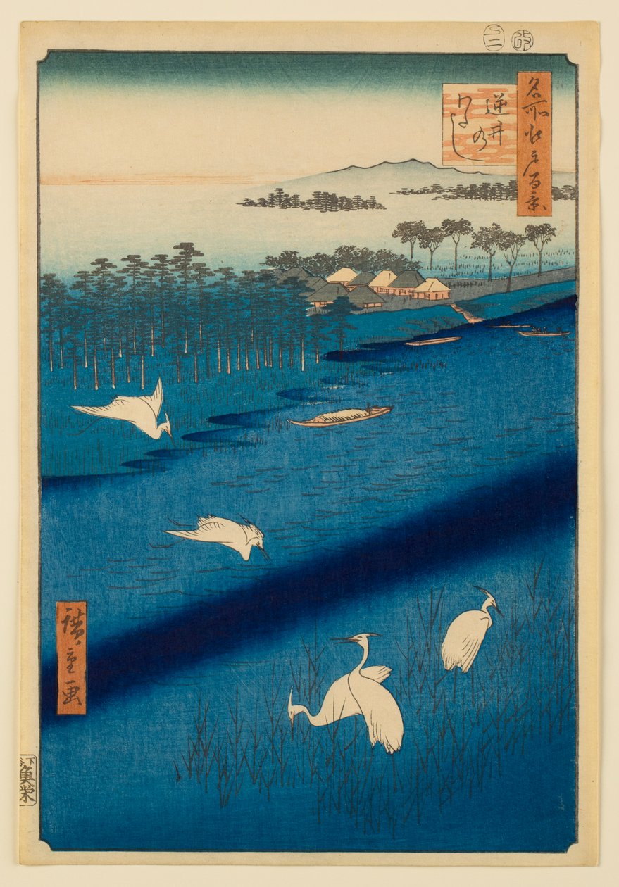 De overtocht met de veerboot bij Sakasai, uit de serie „Honderd beroemde gezichten op Edo“ door Utagawa Hiroshige