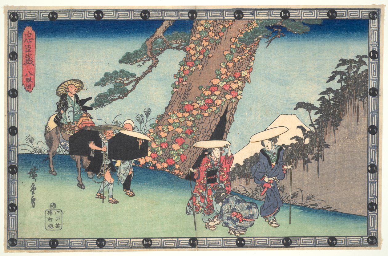 De Loyale Liga van Zevenenveertig Rōnin (Chūshingura), Act VIII: De Vrouw en Dochter van Honzō op reis naar Kyoto door Utagawa Hiroshige