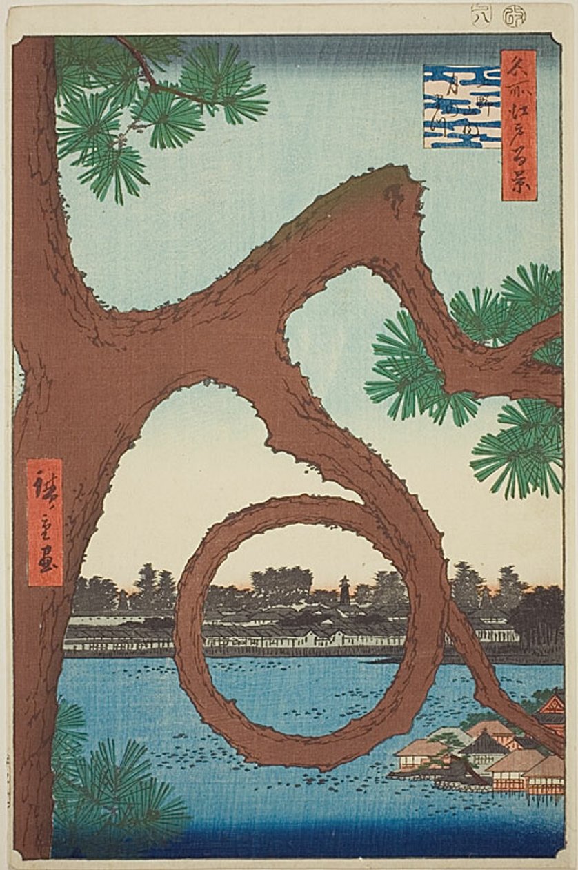 De pijnboom van de maan op het tempelterrein van Ueno (Ueno sannai Tsuki no matsu), uit de serie "Honderd beroemde vergezichten van Edo (Meisho Edo hyakkei)". door Utagawa Hiroshige