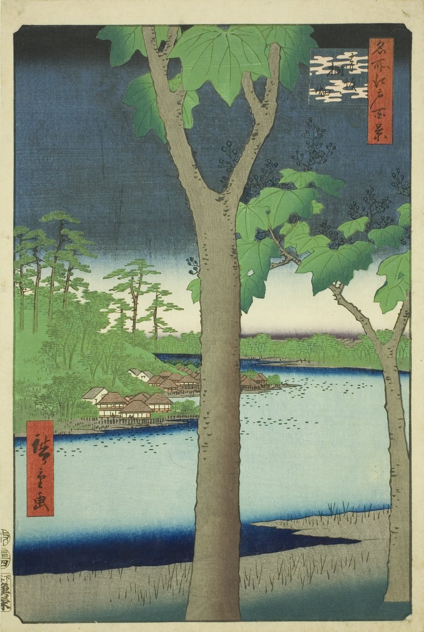 Het Paulownia-bos bij Akasaka (Akasaka Kiribatake), uit de serie "Honderd beroemde uitzichten van Edo (Meisho Edo hyakkei)" door Utagawa Hiroshige