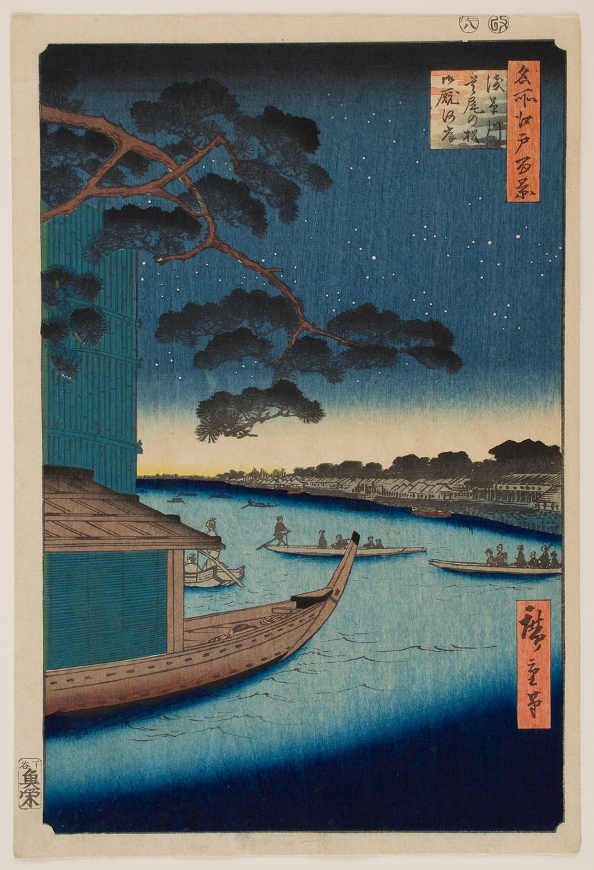 De Rendezvous-den bij de Asakusa-rivier en de Oumaya-oever van de Sumida-rivier, uit de serie „Honderd beroemde uitzichten op Edo“ door Utagawa Hiroshige
