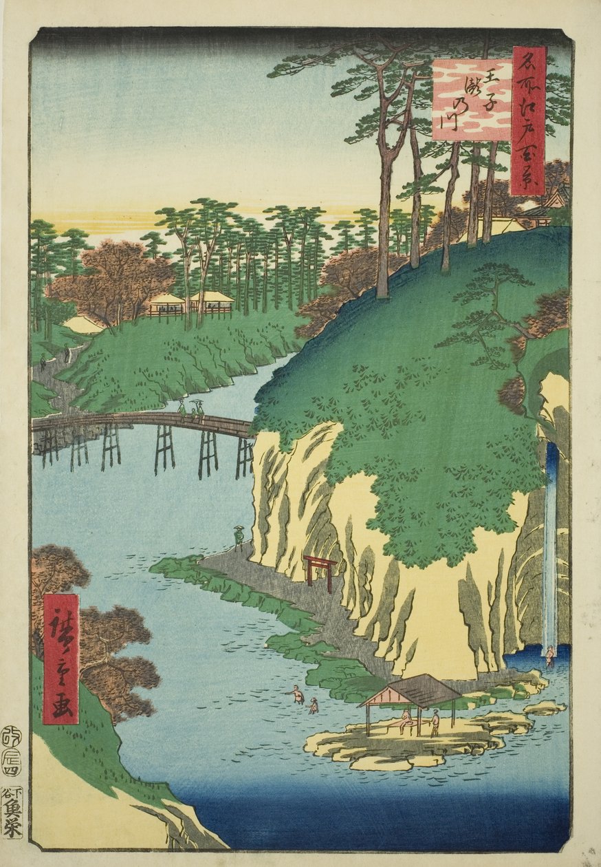 De rivier van watervallen bij Oji (Oji Takinogawa), uit de serie "Honderd beroemde zichten van Edo (Meisho Edo hyakkei)" door Utagawa Hiroshige