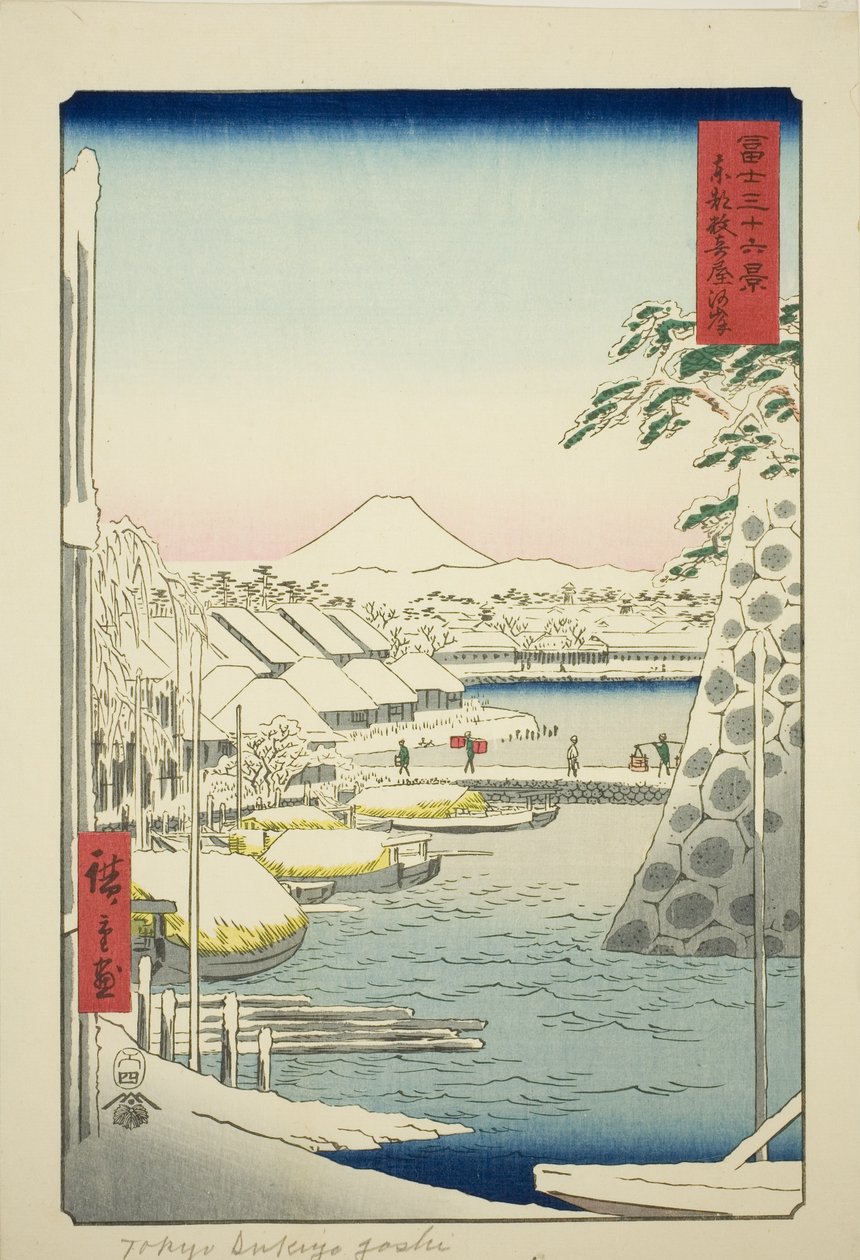 De rivierbank bij Sukiya in de Oostelijke Hoofdstad (Toto Sukiyagashi), uit de serie "Zesendertig Zichten op de Fuji (Fuji sanjurokkei)" door Utagawa Hiroshige