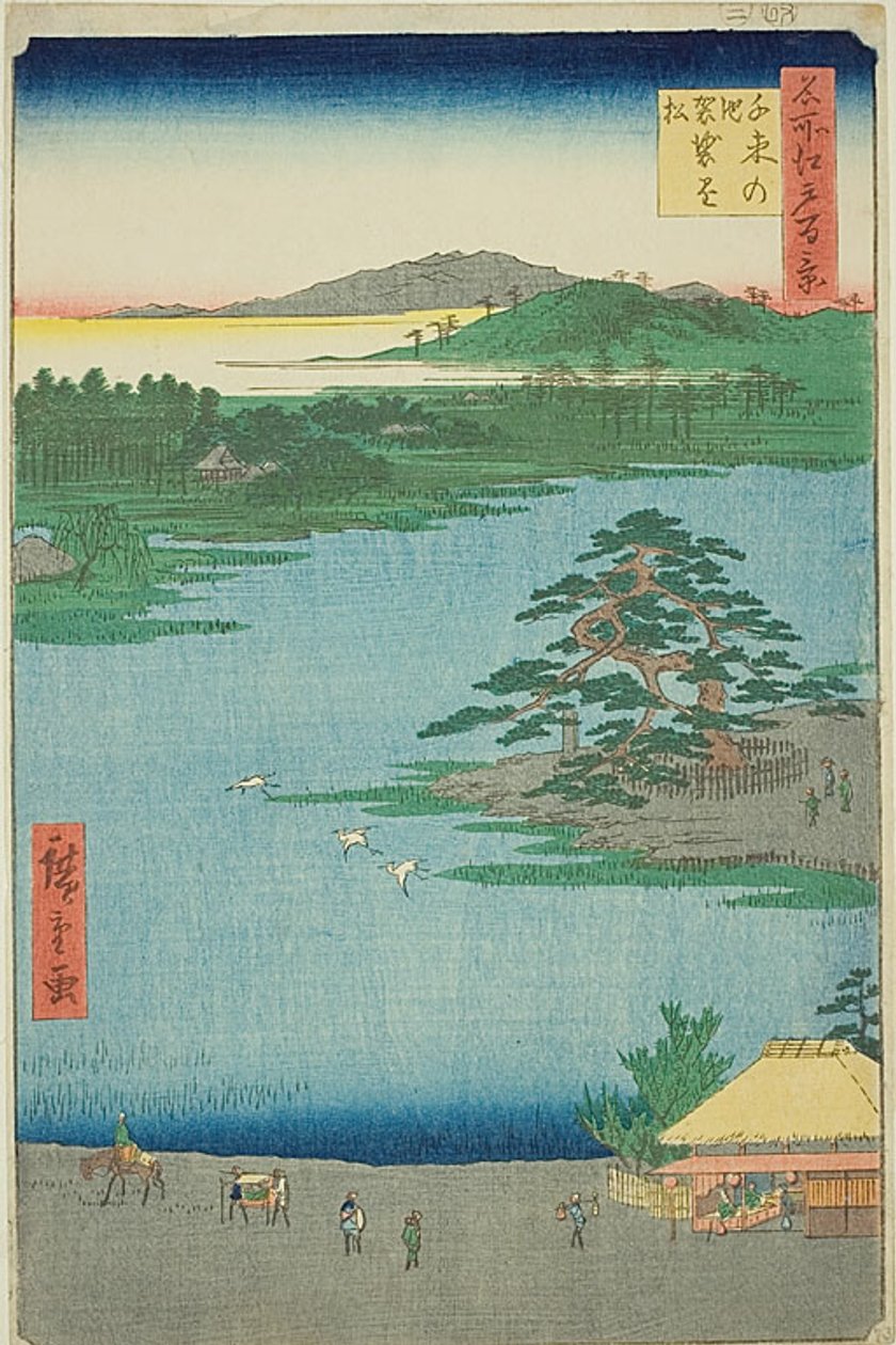 De hangende den bij de Senzoku-vijver (Senzoku no ike Kesakakematsu), nr.110 uit de serie "Honderd beroemde vergezichten van Edo (Meisho Edo hyakkei)". door Utagawa Hiroshige