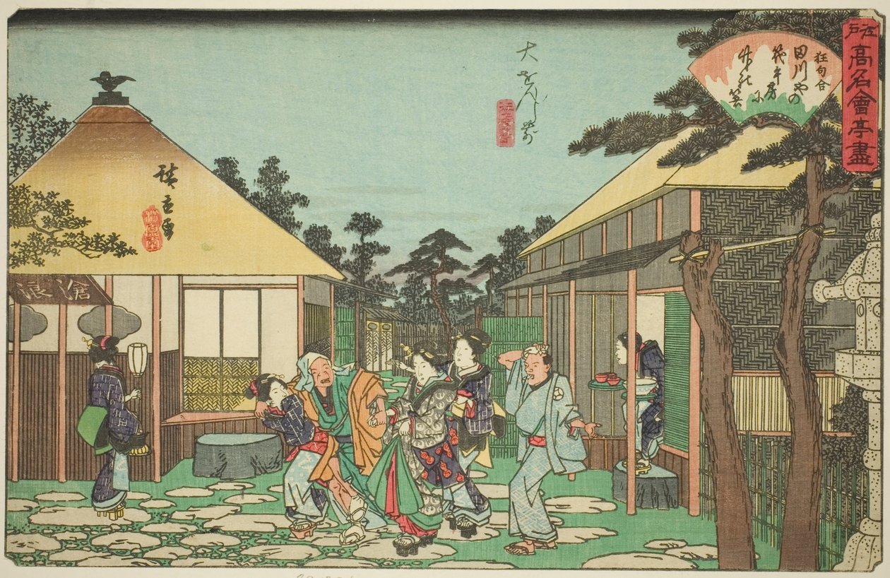 Het Tagawaya Restaurant voor Daionji (Daionji mae, Tagawaya), uit de serie "Beroemde Restaurants van Edo (Edo komei kaitei zukushi)" door Utagawa Hiroshige