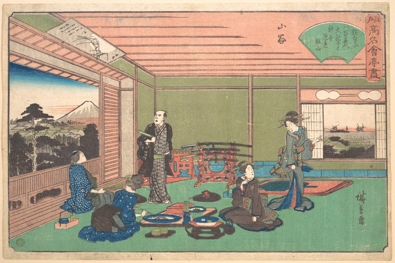 Het restaurant Yaozen, San’ya (San’ya, Yaozen), uit de reeks „Een verzameling beroemde restaurants van Edo“ (Edo Kōmei Kaitei Zukushi) door Utagawa Hiroshige