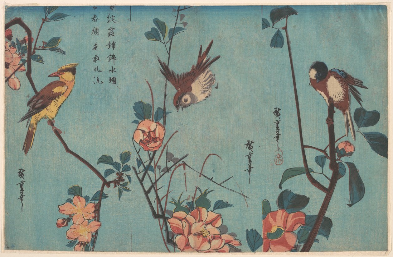 Mees en camelia’s (rechts), mus en wilde rozen (midden), en zwartnekoriol en kersenbloesems (links) door Utagawa Hiroshige