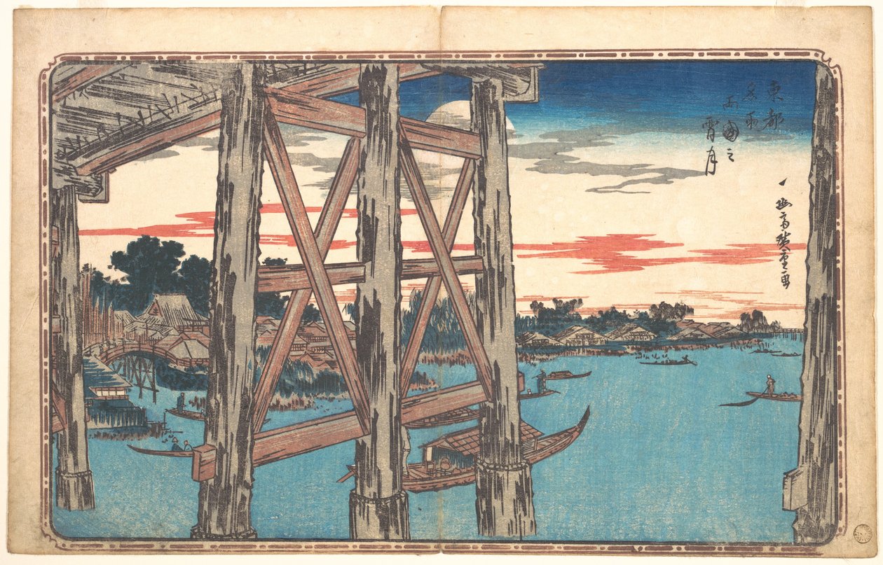 Schemermaan bij de Ryōgoku-brug door Utagawa Hiroshige