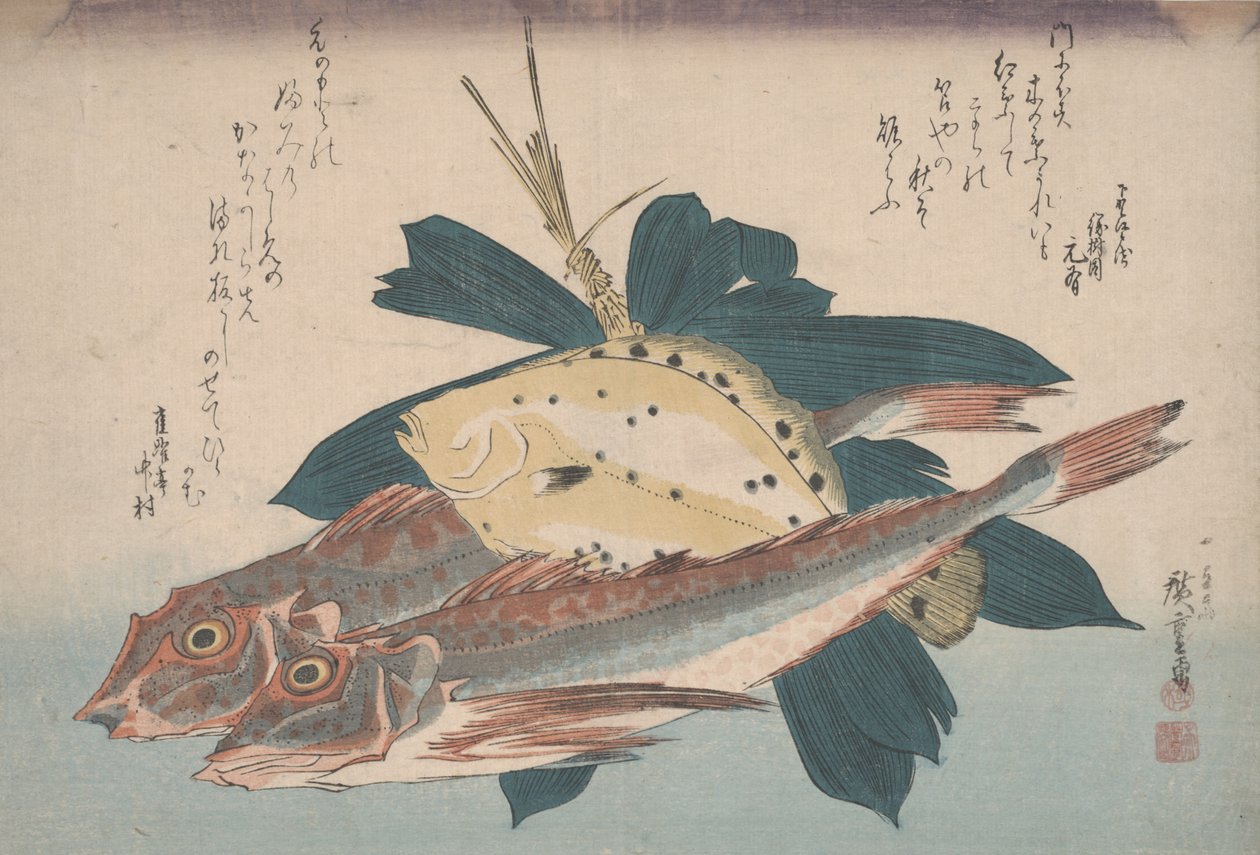 Twee poonvissen en een bot door Utagawa Hiroshige