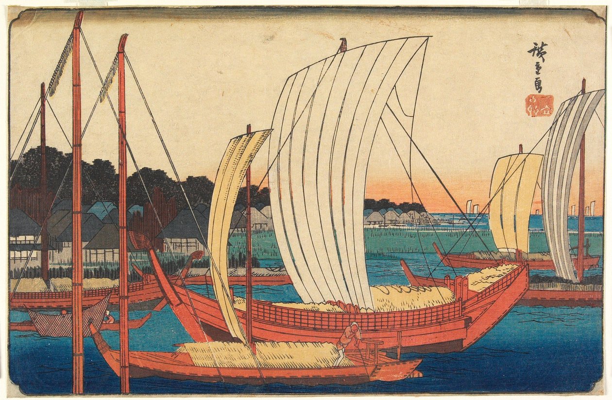 Gezicht op boten die de haven bij Tsukudajima binnenvaren door Utagawa Hiroshige