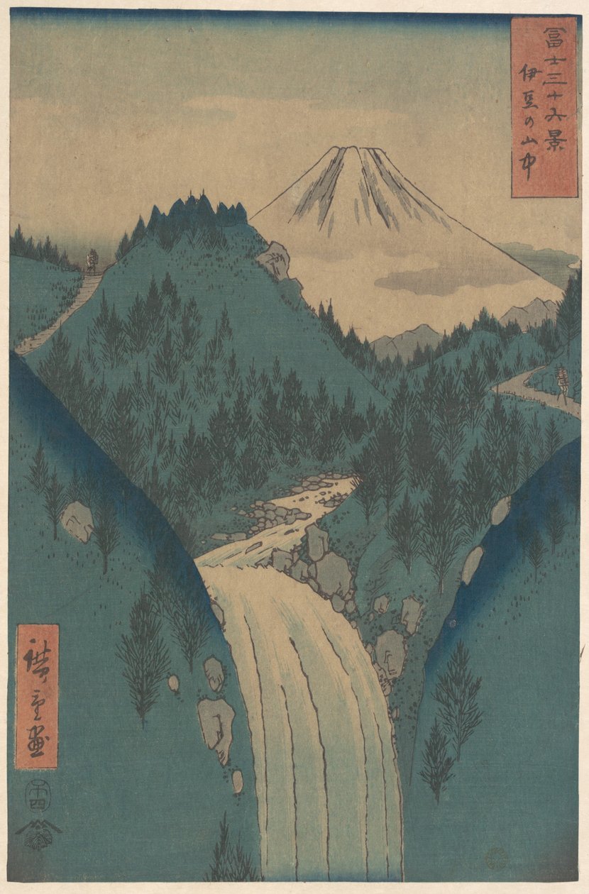 Uitzicht op de Fuji-san vanuit de bergen in de provincie Izu (Izu no Sanchu), uit de serie „Zesendertig uitzichten op de berg Fuji“ (Fugaku sanjūrokkei) door Utagawa Hiroshige