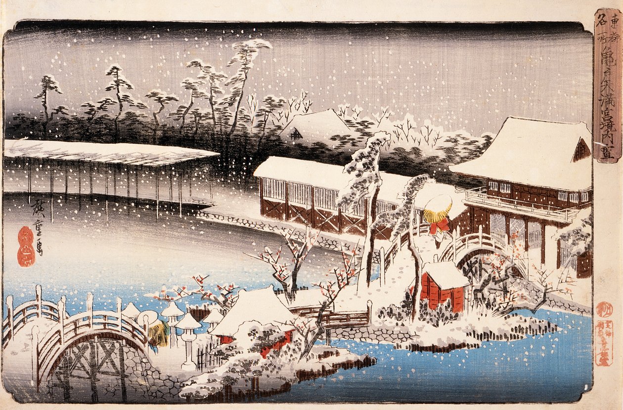 Uitzicht op de Kameido Tenmangū-schrijn in de sneeuw door Utagawa Hiroshige