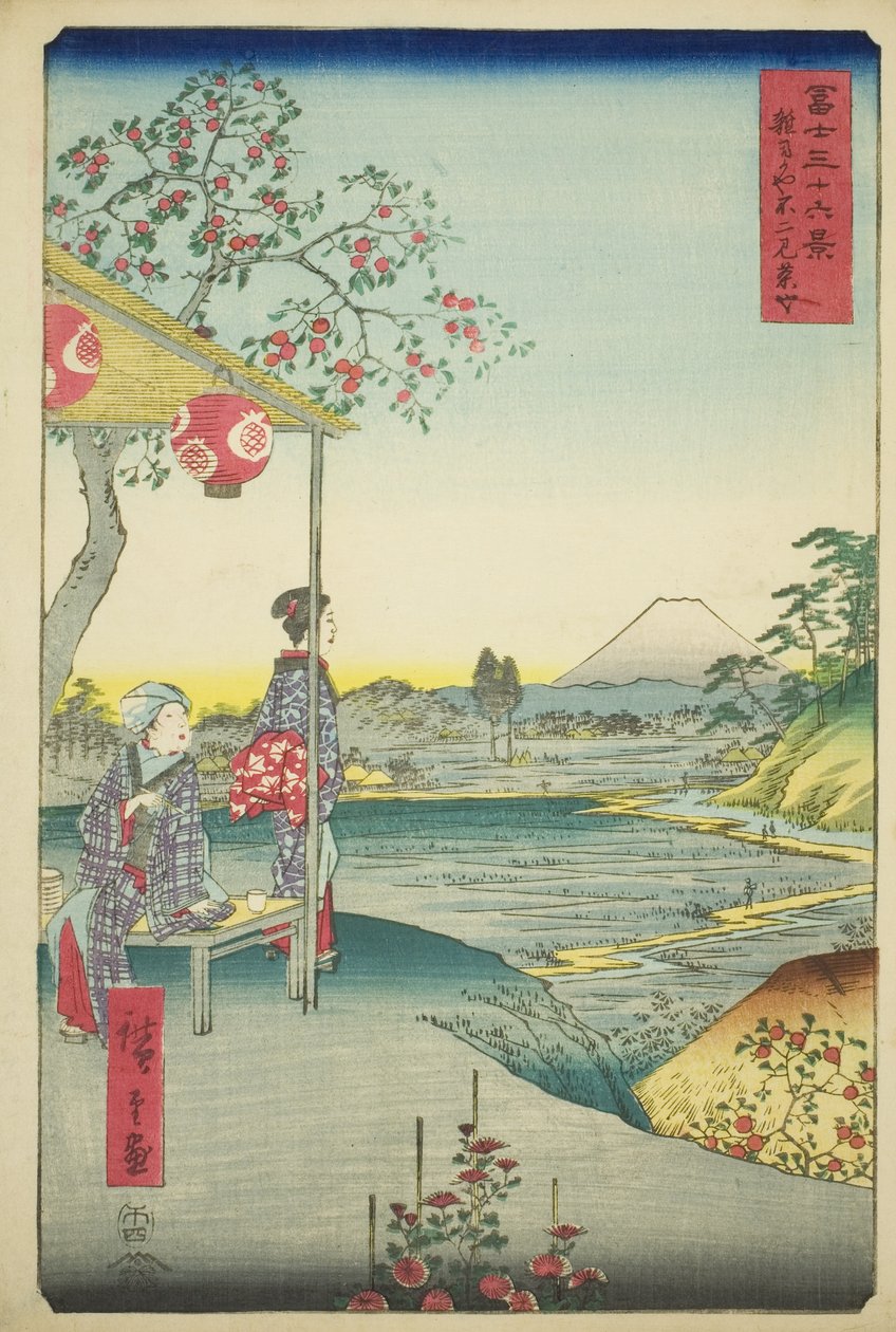 Uitzicht op de Berg Fuji vanuit een Theehuis in Zoshigaya (Zoshigaya Fujimi chaya), uit de serie "Zesendertig Zichten op de Berg Fuji (Fuji sanjurokkei)" door Utagawa Hiroshige