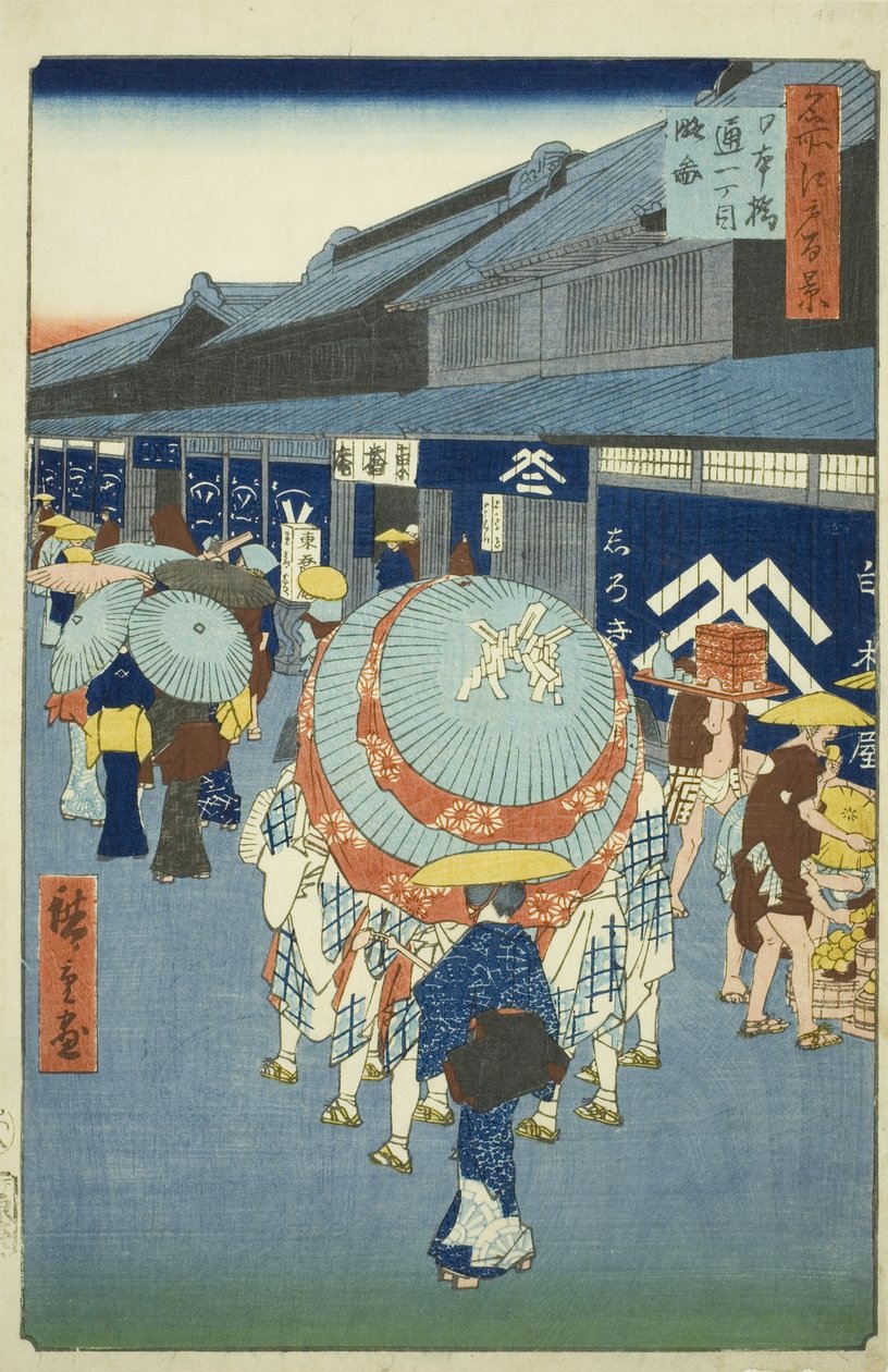 Uitzicht op Nihonbashi Tori-itchome, uit de serie "Honderd beroemde uitzichten van Edo" door Utagawa Hiroshige