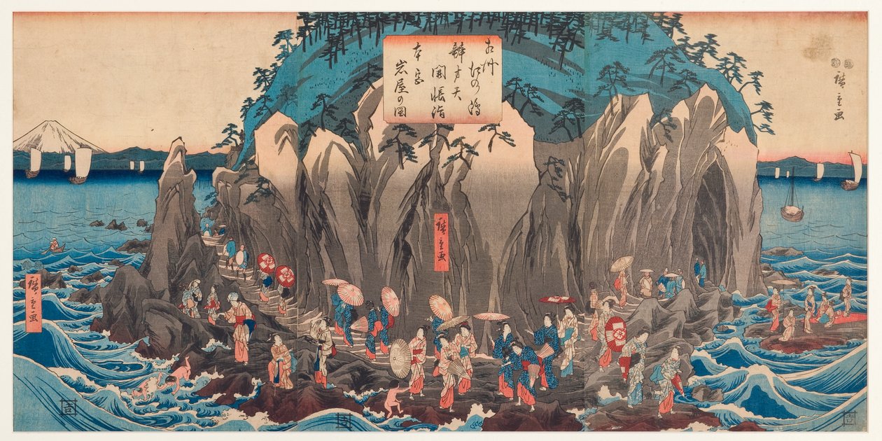 Uitzicht op een Bedevaart naar de Grot en het Heiligdom van Benzaiten in Enoshima, Sagami, c.1850-51 door Utagawa Hiroshige