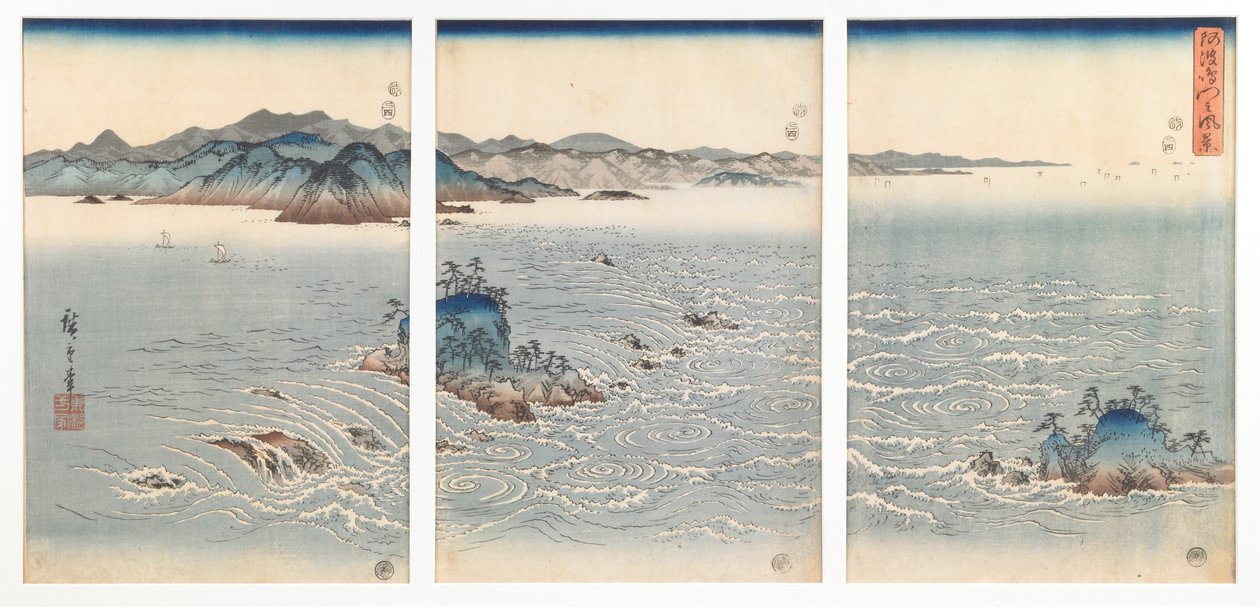 Gezicht op de draaikolken van Awa, uit een ongetitelde reeks van drie drieluiken door Utagawa Hiroshige