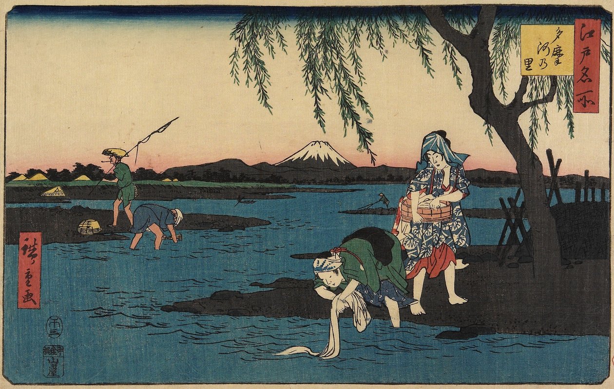 Dorp bij de Tamagawa-rivier, maart 1858 door Utagawa Hiroshige