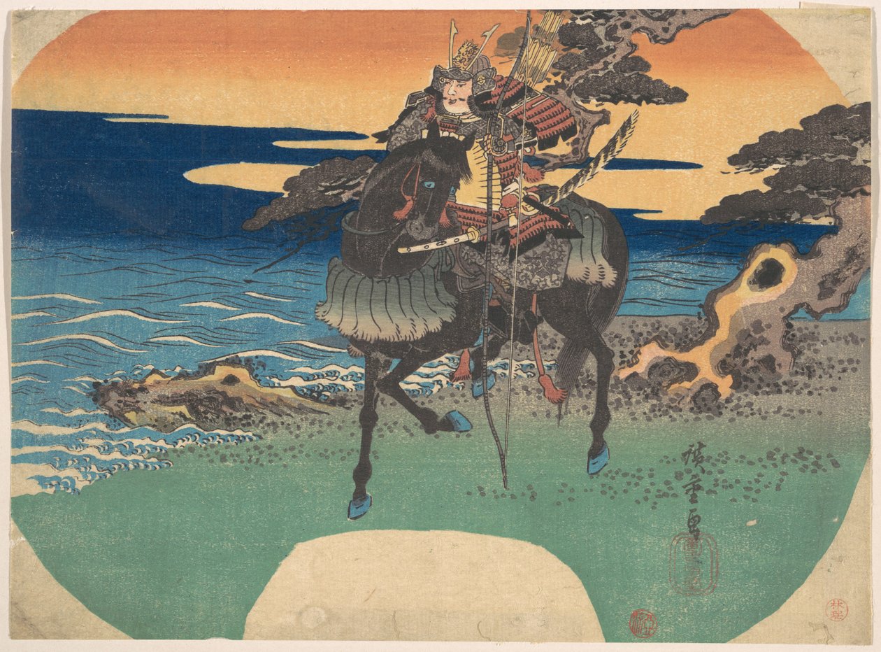 Krijger op een zwart paard langs de zeekust door Utagawa Hiroshige