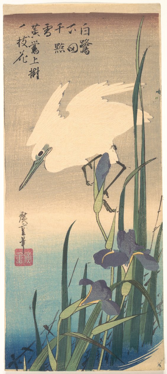 Witte reiger en iris door Utagawa Hiroshige