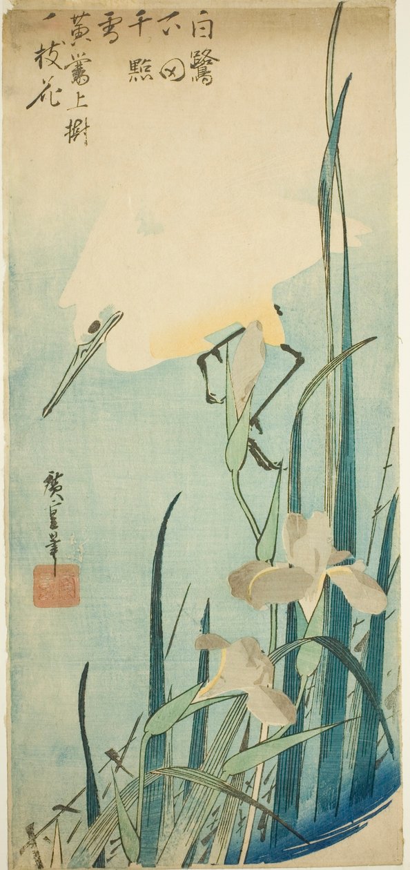 Witte reiger en iris door Utagawa Hiroshige