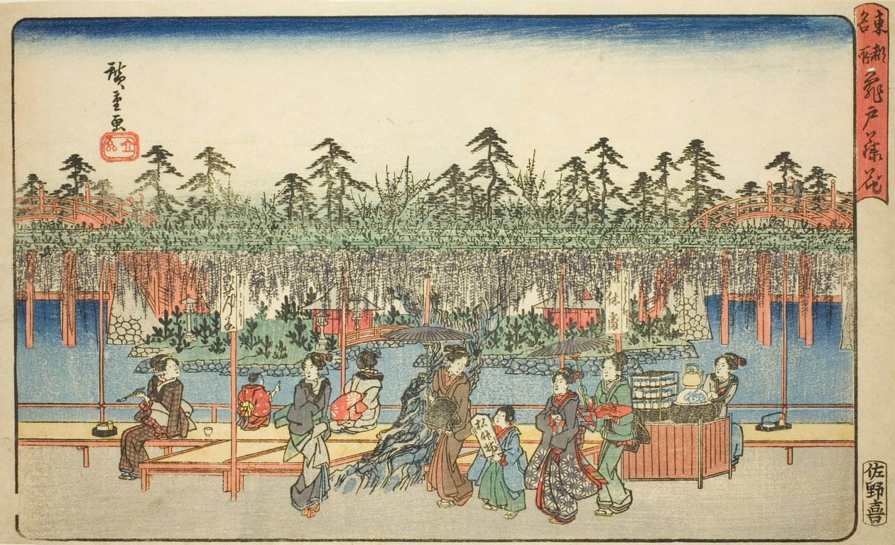 Wisteria bij Kameido, uit de serie "Beroemde plaatsen in de oostelijke hoofdstad" door Utagawa Hiroshige