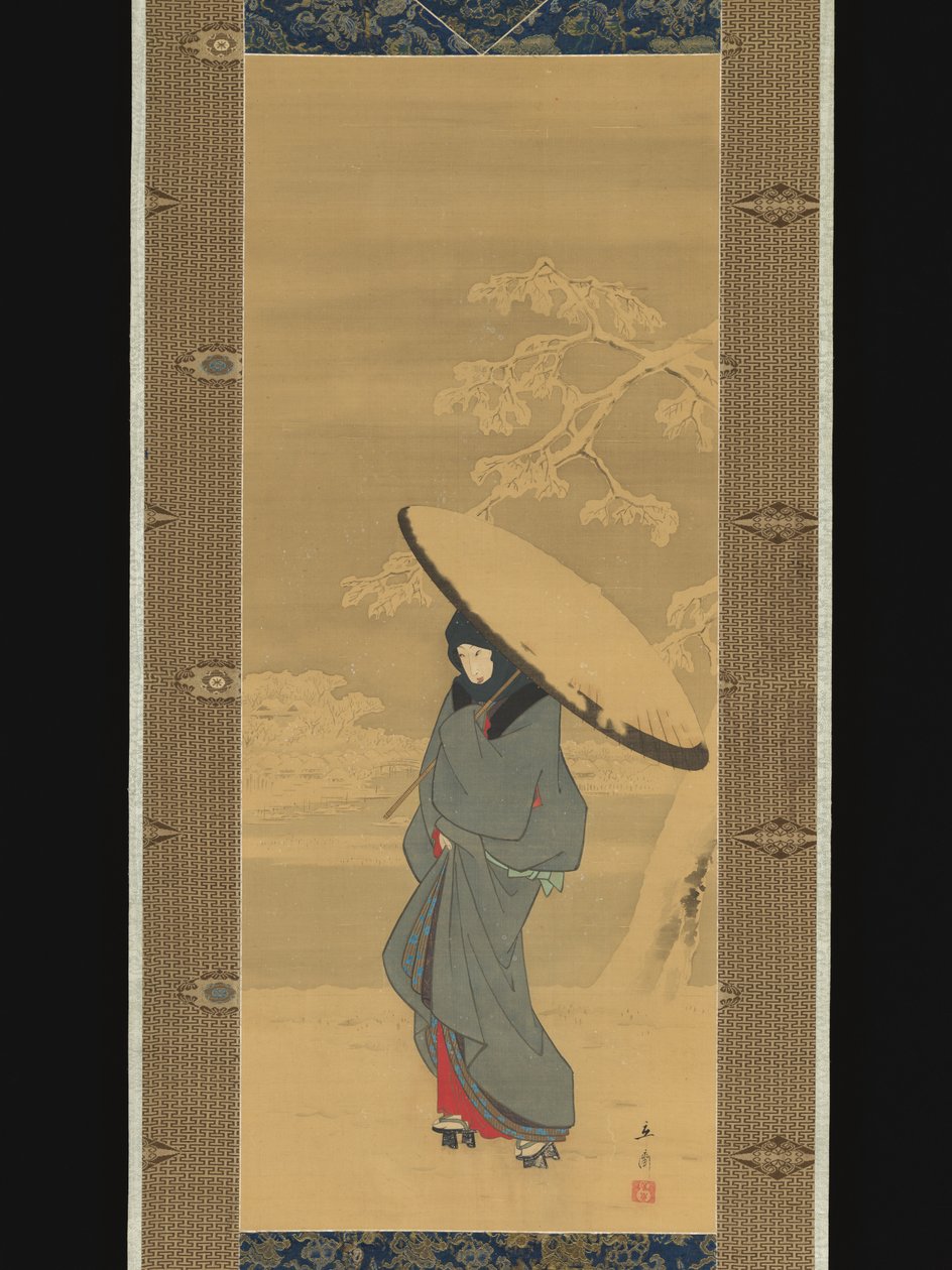 Vrouw die door de sneeuw loopt door Utagawa Hiroshige